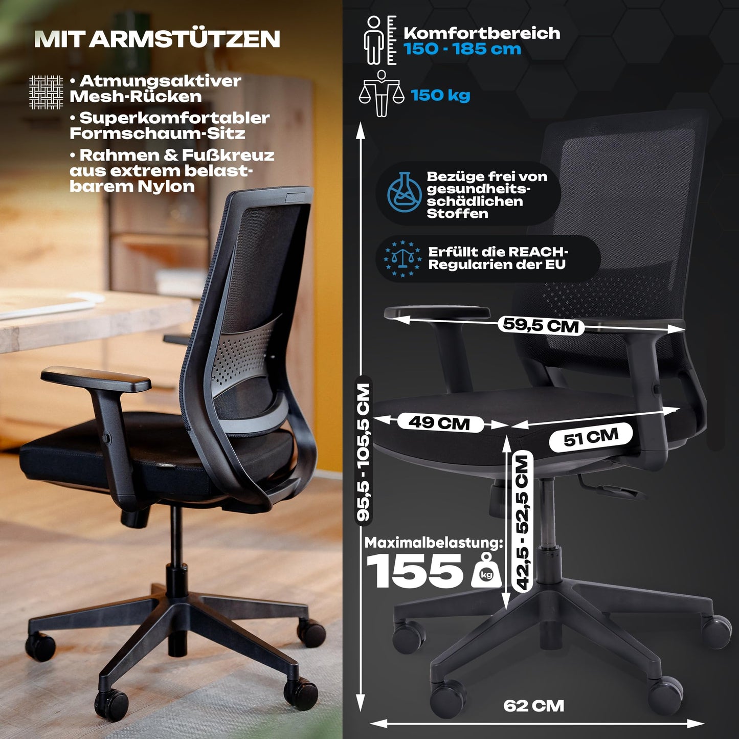 VALKENSTOL M2 – Ergonomischer Bürostuhl Testsieger | Verstellbare Armlehnen, Rückenfreundlich, Büro & Home Office