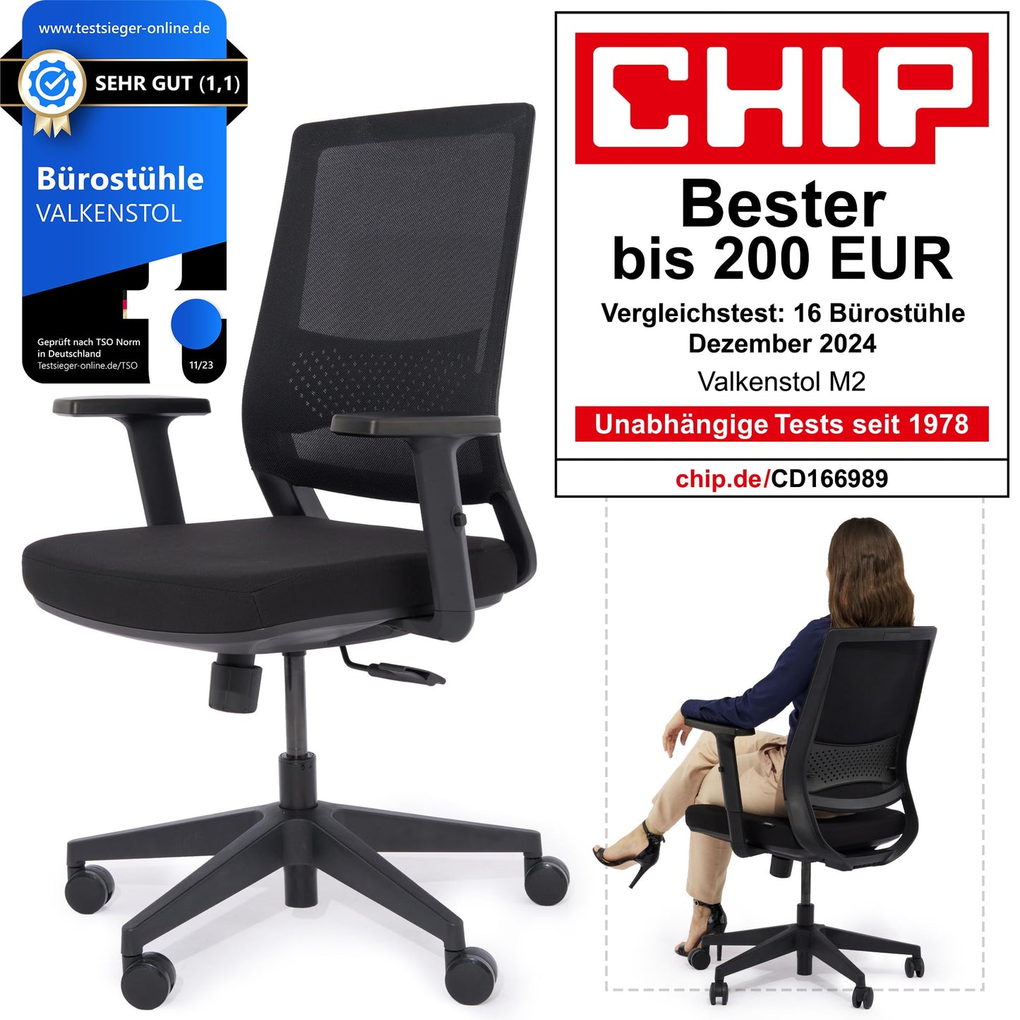 VALKENSTOL M2 – Ergonomischer Bürostuhl Testsieger | Verstellbare Armlehnen, Rückenfreundlich, Büro & Home Office